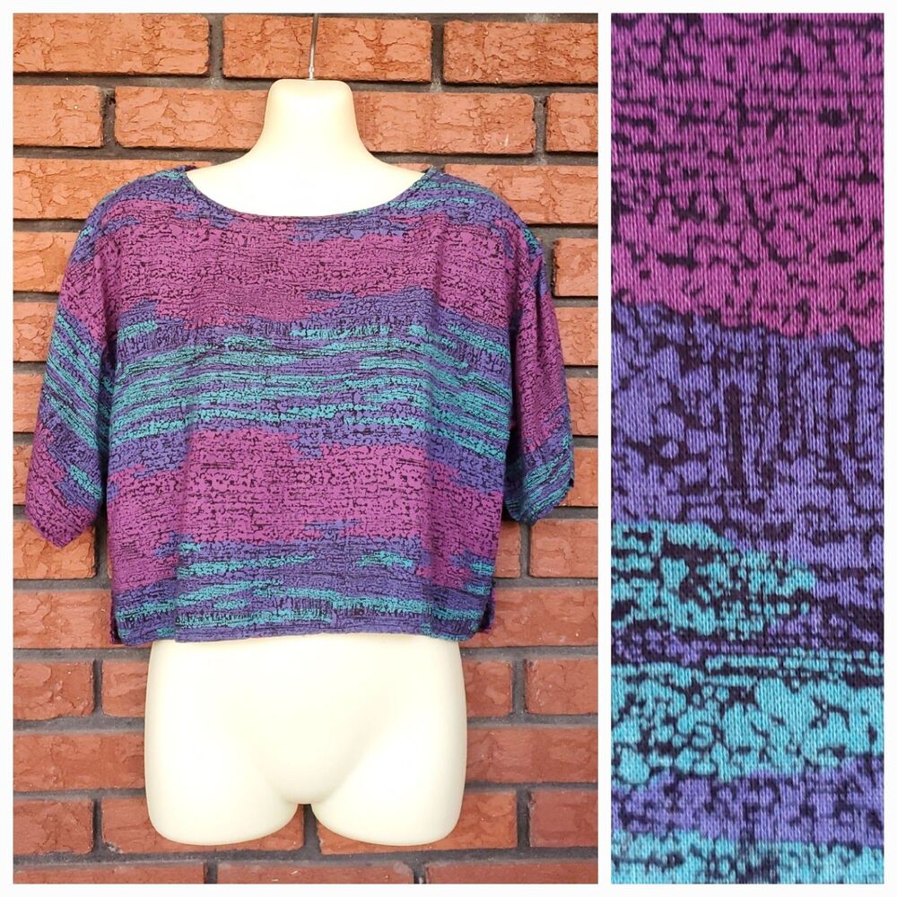 Vintage 80s Rayon Crop Top Size M Boxy Multicolor Muted Jewel Tone USA Made